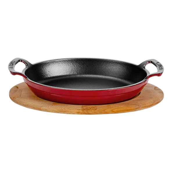 Lava Döküm Oval Sahan Döküm Demir Yekpare Çift Kulplu Kayın Servis Ahşabı Ölçü 27x20cm.  Kırmızı ürün görseli 1