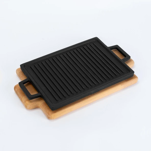 Lava Döküm Dikdörtgen Çift Yön Izgara ve Düz Yüzey Hot Plate Kayın Servis Ahşabı Ölçü 22x15cm. ürün görseli 1