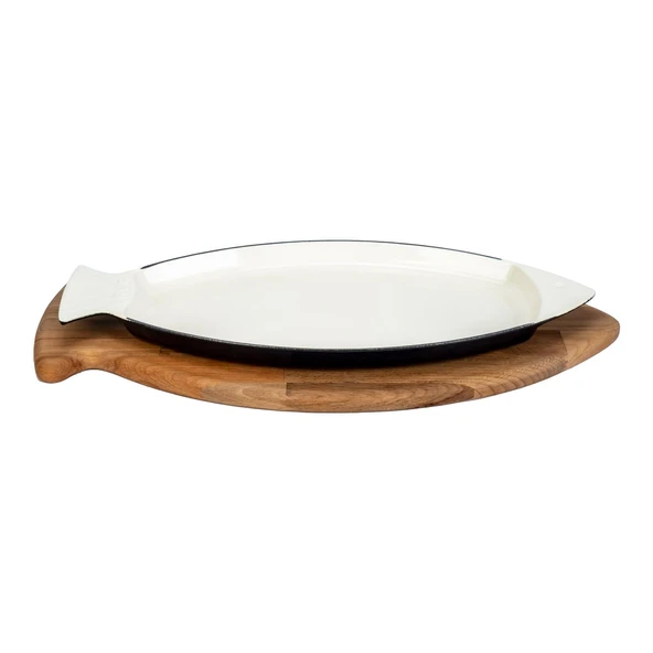 Lava Döküm Balık Tabağı Döküm Demir Yekpare Kulplu Kayın Servis Ahşabı Ölçü 20x32 cm Sable Mavi ürün görseli 1