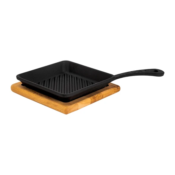 Lava Döküm Mini Kare Izgara Tava Kayın Ahşap Altlıklı Döküm Demir Yekpare Saplı Ölçü 16x16cm. ürün görseli 1