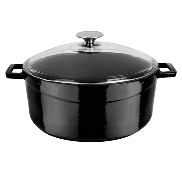 Lava Döküm Yuvarlak Tencere Cam kapaklı. Glaze Çap(Ø)28cm.  Siyah ürün görseli 1