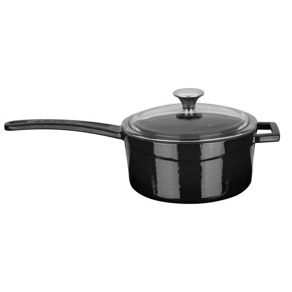 Lava Döküm Yuvarlak Sos Tenceresi Cam kapaklı, Metal Saplı. Glaze Serisi Çap(Ø16 cm.  Siyah ürün görseli 1