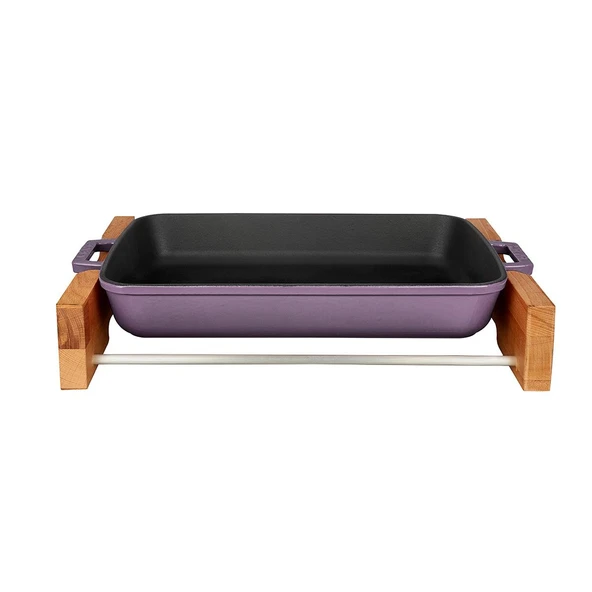 Lava Döküm Dikdörtgen Rosto ve Fırın Tepsisi Kayın Servis Ahşabı Döküm Demir Yekpare Çift Kulplu Ölçü 22x30cm.  Mor ürün görseli 1