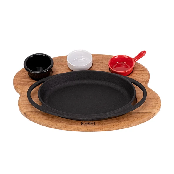 Lava Döküm Oval Sahan Döküm Demir Yekpare Çift Kulplu Kayın Servis Ahşabı Ölçü 21x14cm. (Sos Kapları Dahil Değildir.) ürün görseli 1