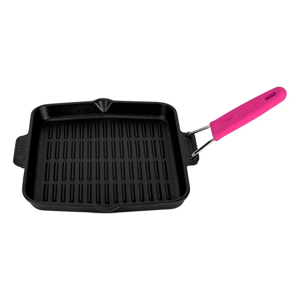 Lava Döküm Kare Sığ Izgara Tavası Silikon Tel Saplı Ölçü 24x24cm.  Pembe ürün görseli 1