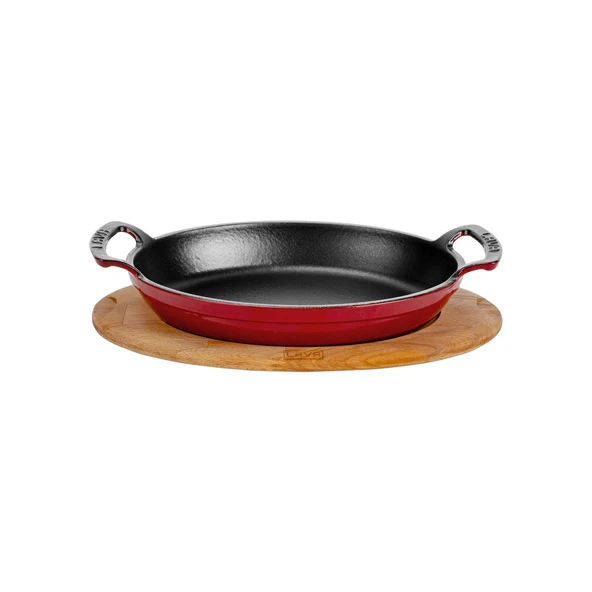 Lava Döküm Oval Sahan Döküm Demir Yekpare Çift Kulplu Kayın Servis Ahşabı Ölçü 19x14cm.  Kırmızı ürün görseli 1