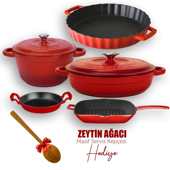 Lava Döküm 5X New Heritage Serisi Döküm Demir Tencere & Tava Seti  Kırmızı ürün görseli 1