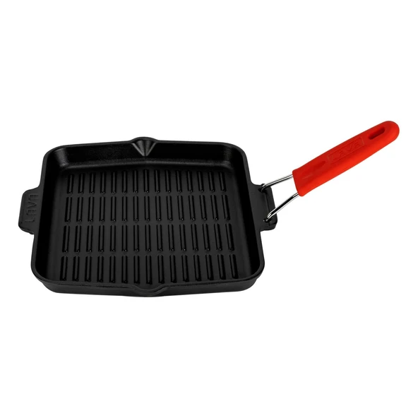 Lava Döküm Kare Sığ Izgara Tavası Silikon Tel Saplı Ölçü 24x24cm.  Kırmızı ürün görseli 1