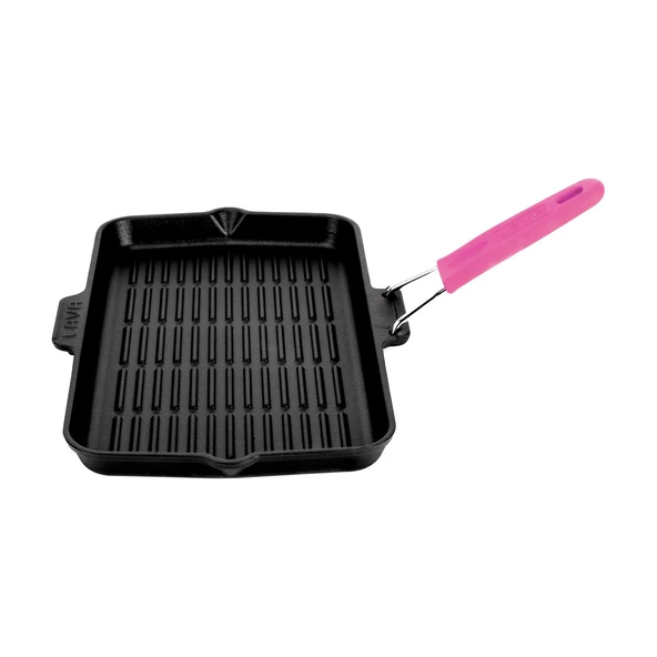 Lava Döküm Dikdörtgen Sığ Izgara Tavası Silikon Tel Saplı Ölçü 21x36cm.  Pembe ürün görseli 1
