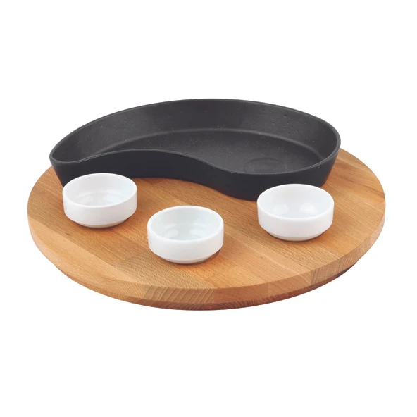 Lava Döküm Damla Formlu Yingyang Fajita Tabağı Kayın Servis Ahşabı Ölçü 10x20cm. (Bu ürüne sos kapları dahil değildir) ürün görseli 1