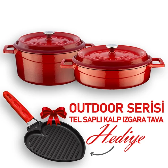 Lava Döküm Trendy Serisi Yuvarlak Derin ve Sığ 5 Parça Tencere Tava Çeyiz Seti  Kırmızı ürün görseli 1