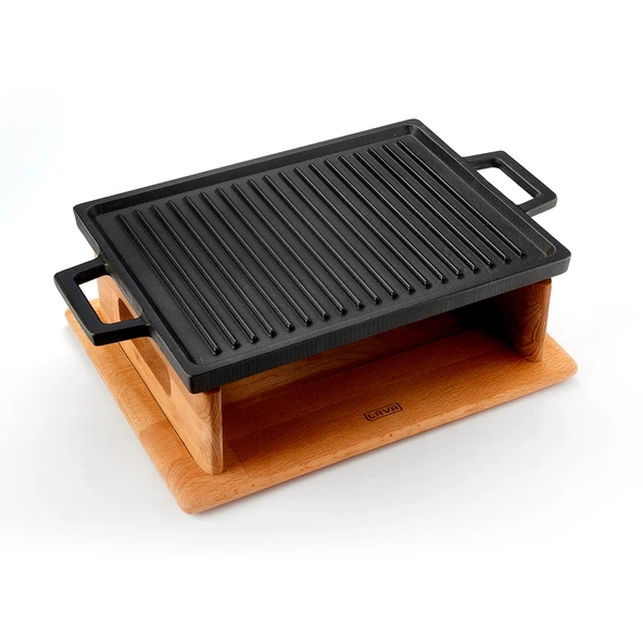 Lava Döküm Dikdörtgen Çift Yön Izgara Hot Plate Döküm Demir Yekpare Çift Kulplu Kayın Servis Ahşabı Ölçü 22x30cm.(Isıtıcı dahil değildir.) ürün görseli 1