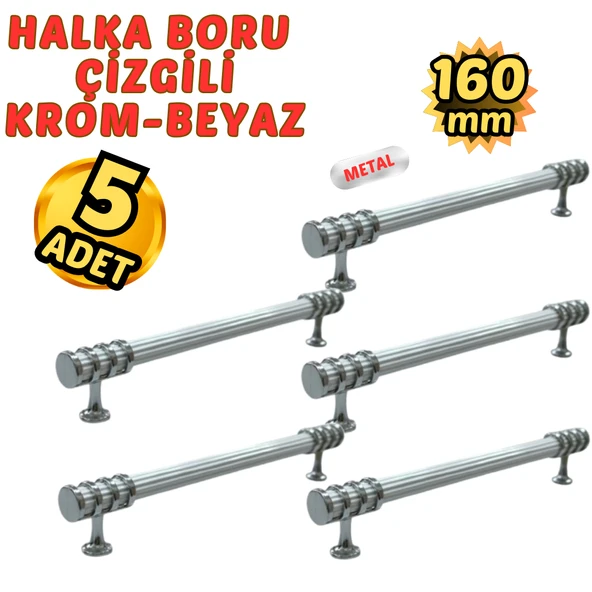 5 Adet Metal Halka Çizgili Mobilya Çekmece Dolap Kulpu Krom-Beyaz 160mm ürün görseli 1