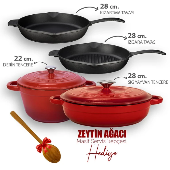Lava Döküm 4X New Heritage Serisi Döküm Demir Tencere Tava Çeyiz Seti  Kırmızı ürün görseli 1
