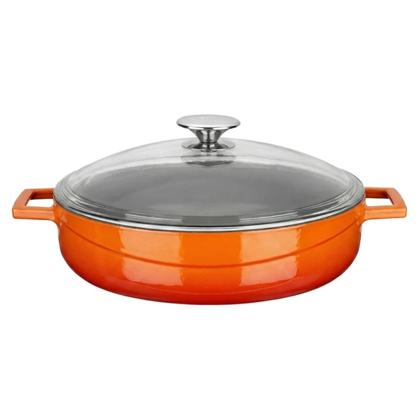 Lava Döküm Çok Amaçlı Yayvan Tencere. Glaze Serisi Çap(Ø)28cm.  Turuncu ürün görseli 1