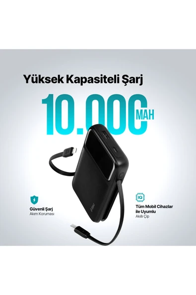 Ttec 2BB215S ReCharger Pro LCD 10.000 mAh PD 22,5W Lightning ve USB-C Dahili Kablolu Taşınabilir Hızlı Şarj Aleti - Resim 2