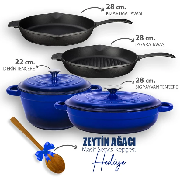 Lava Döküm 4X New Heritage Serisi Döküm Demir Tencere Tava Çeyiz Seti  Mavi ürün görseli 1