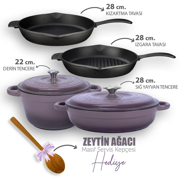 Lava Döküm 4X New Heritage Serisi Döküm Demir Tencere Tava Çeyiz Seti  Mor ürün görseli 1