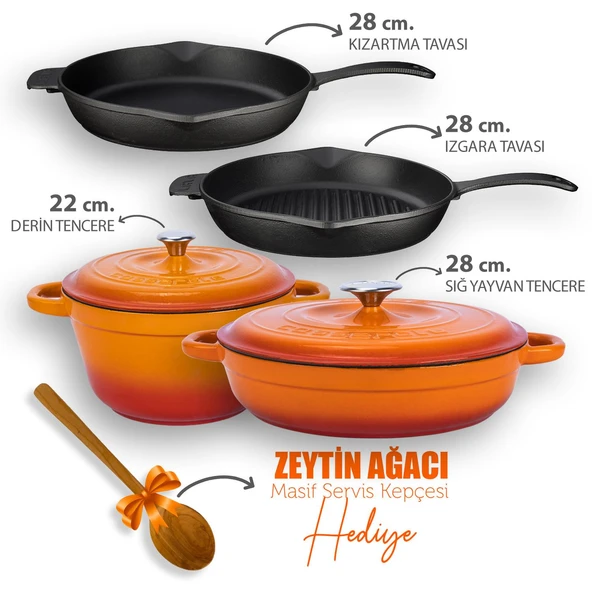 Lava Döküm 4X New Heritage Serisi Döküm Demir Tencere Tava Çeyiz Seti  Turuncu ürün görseli 1