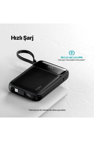 Ttec 2BB215S ReCharger Pro LCD 10.000 mAh PD 22,5W Lightning ve USB-C Dahili Kablolu Taşınabilir Hızlı Şarj Aleti - Resim 4