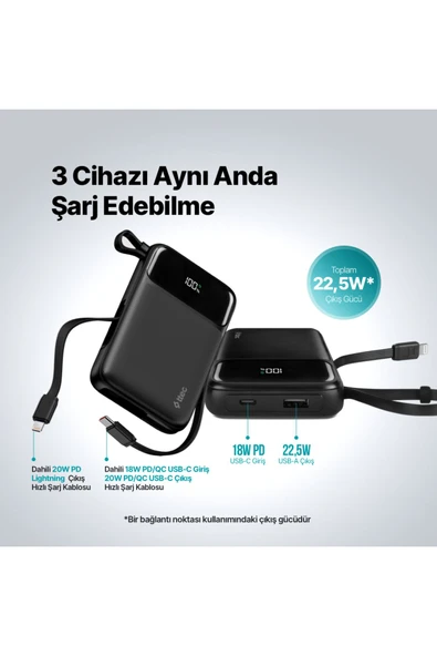Ttec 2BB215S ReCharger Pro LCD 10.000 mAh PD 22,5W Lightning ve USB-C Dahili Kablolu Taşınabilir Hızlı Şarj Aleti - Resim 3