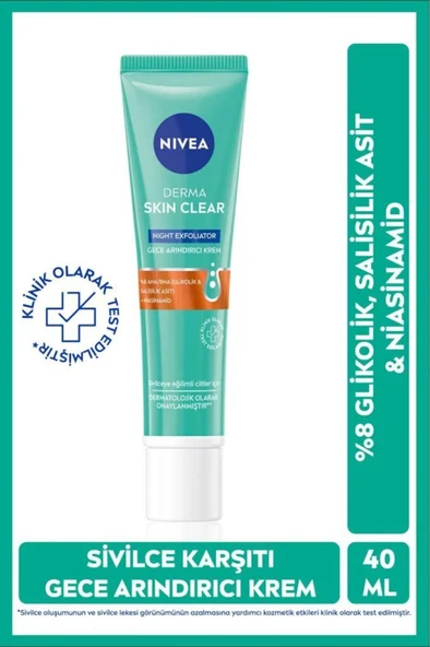 NIVEA Derma Skin Clear Exfoliator Gece Arındırıcı Krem 40ml, Sivilce Karşıtı, Niasinamid, Yağlı Ciltler ürün görseli 1