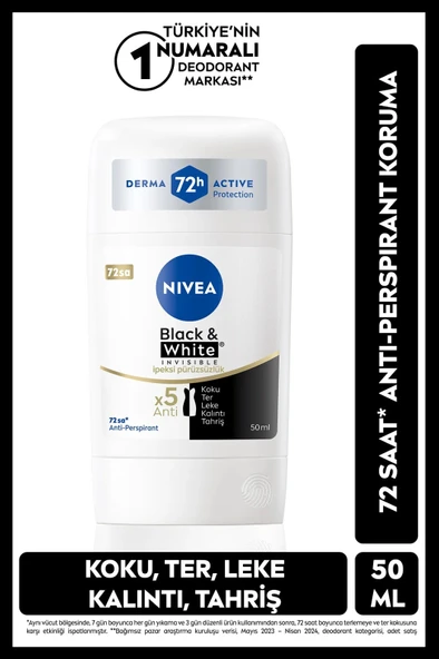 NIVEA Kadın Stick Deodorant Black&white Invisible Ipeksi Pürüzsüzlük 50ml, 72 Saat Anti-perspirant Koruma ürün görseli 1