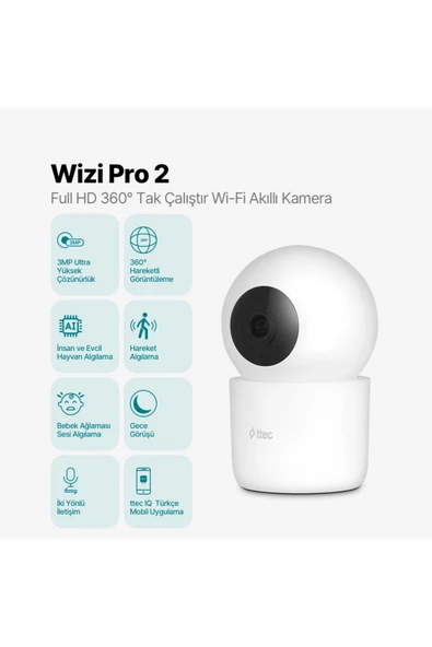 Ttec 2AGK04 Wizi Pro 2 Full HD 360° Tak Çalıştır Wi-Fi Akıllı Kamera - Resim 2