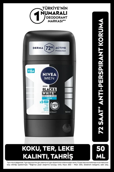 NIVEA MEN Erkek Stick Deodorant Black&White Invisible Fresh 50ml, 72 Saat Anti-perspirant Ter Koruması ürün görseli 1