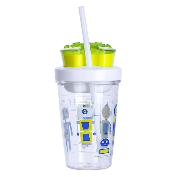Contigo Bueno Snack Straw Robot Green 350 ml Çocuk Suluk ürün görseli 1