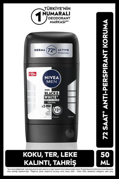 NIVEA MEN Erkek Stick Deodorant Black&white Invisible Original 50ml, 72 Saat Anti-perspirant Ter Koruması ürün görseli 1