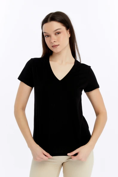 Kadın T-shirt V Yaka Kısa Kollu ürün görseli 1