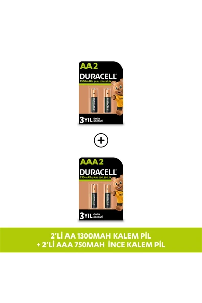Duracell Şarj Edilebilir AA 1300mAh 2'li + Duracell Şarj Edilebilir AAA 750mAh Pil 2'li Paket ürün görseli 1