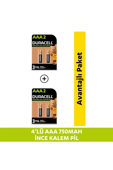 Duracell Şarj Edilebilir AAA 750 mAh İnce Kalem Pil 4'lü Paket ürün görseli 1
