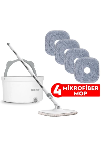PONY BEYAZ 4 ADET MİKROFİBER MOP TEMİZ & KİRLİ SUYU  AYIRMA ÖZELLİĞİ OTOMATİK TEMİZLİK SETİ PASPAS ürün görseli 1