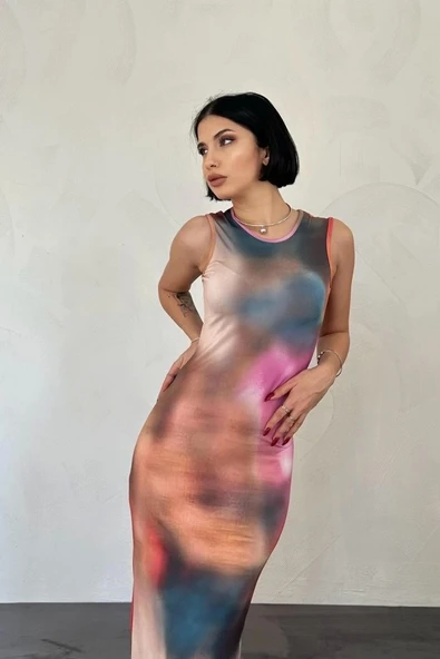 Renkli Batik Desenli Elbise - Resim 2