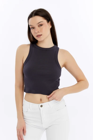 Kadın Fitilli Halter Yaka Crop Atlet - Resim 3