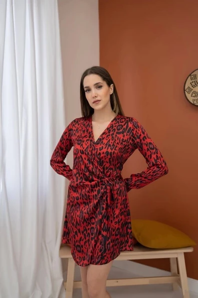 Kırmızı Leopar Desenli Saten Elbise ürün görseli 1