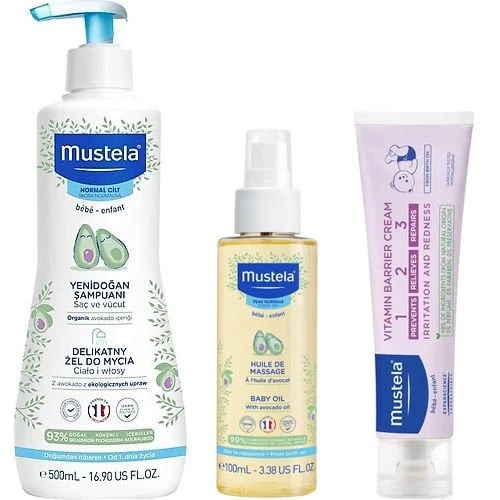 Mustela Bebek Günlük Seti (Şampuan Pişik Krem Masaj Yağı) ürün görseli 1