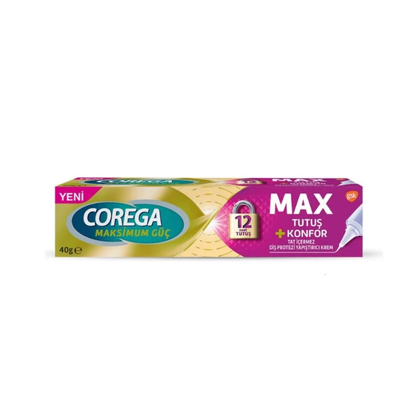 Corega Max Tutuş + Konfor Tat İçermez 40 gr Protez Diş Yapıştırıcı ürün görseli 1