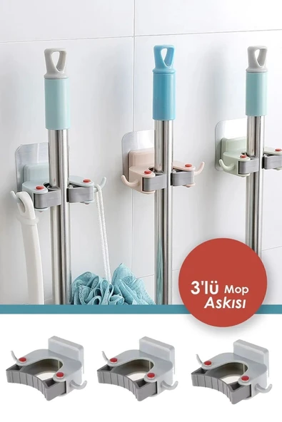 KEYFİ SEPET 3'lü Paspas Süpürge Fırça Ve Mop Askısı Sap Tutucu Mutfak Banyo Askı ürün görseli 1