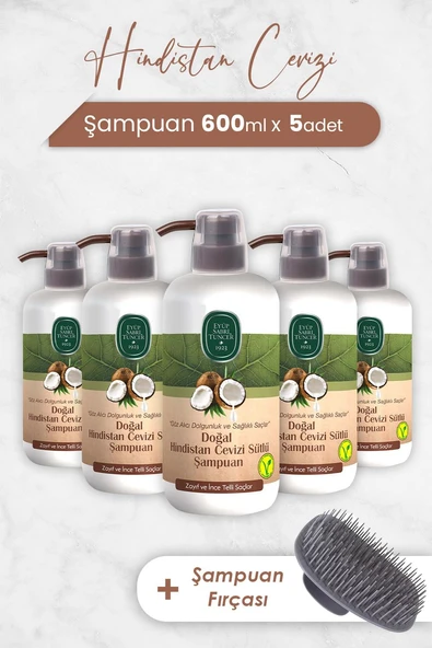 Eyüp Sabri Tuncer Hindistan Cevizi Şampuan 600 ml x 5 Adet ve Şampuan Fırçası ürün görseli 1