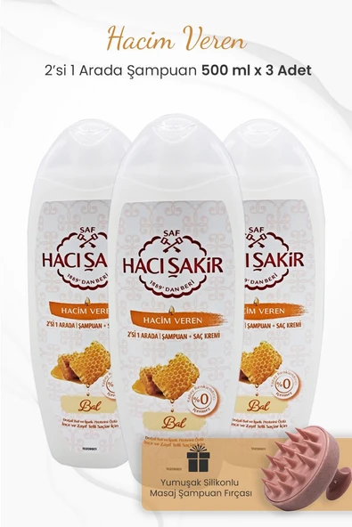 Hacı Şakir Bal 2si 1 Arada Şampuan 500 ml x 3 Adet ve Şampuan Fırçası Pembe ürün görseli 1