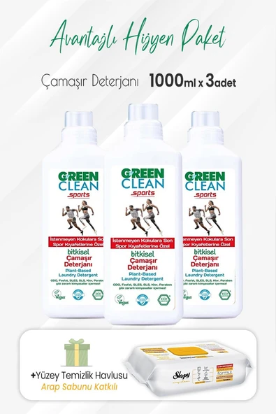 Green Clean Çamaşır Deterjanı Sports 1000 ml x 3 Adet ve Arap Sabunlu Temizlik Havlusu ürün görseli 1