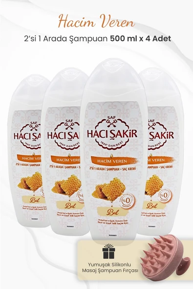 Hacı Şakir Bal 2si 1 Arada Şampuan 500 ml x 4 Adet ve Şampuan Fırçası Pembe ürün görseli 1