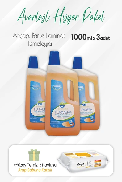 Turmepa Ahşap, Parke Temizleyici 1 lt x 3 Adet ve Arap Sabunlu Yüzey Temizlik 100' lü ürün görseli 1