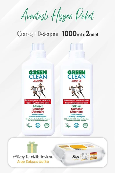 Green Clean Çamaşır Deterjanı Sports 1000 ml x 2 Adet ve Arap Sabunlu Temizlik Havlusu ürün görseli 1