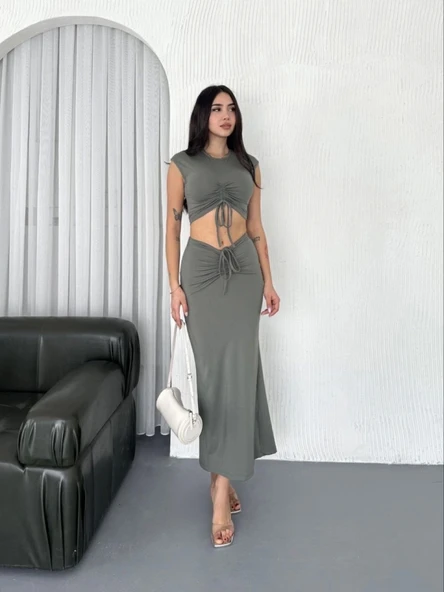 Osy Modal Yumuşak Dokulu Kumaş Büzgülü Crop Etek Takım - Mint Yeşili ürün görseli 1