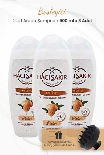 Hacı Şakir Badem 2si 1 Arada Şampuan 500 ml x 3 Adet ve Şampuan Fırçası Siyah ürün görseli 1