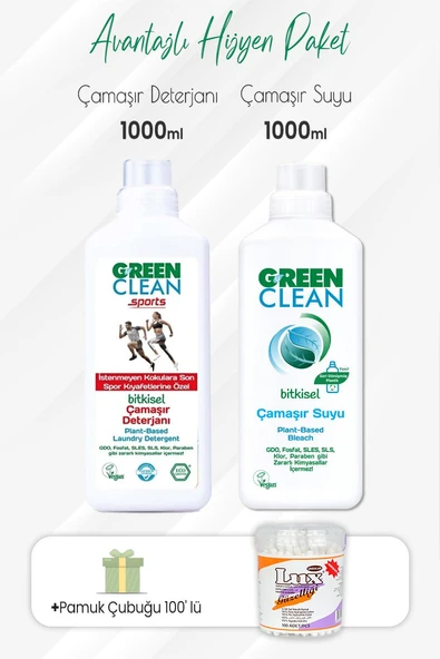 Green Clean Sports Çamaşır Deterjanı, Çamaşır Suyu 1000 ml ve Pamuk Çubuğu ürün görseli 1